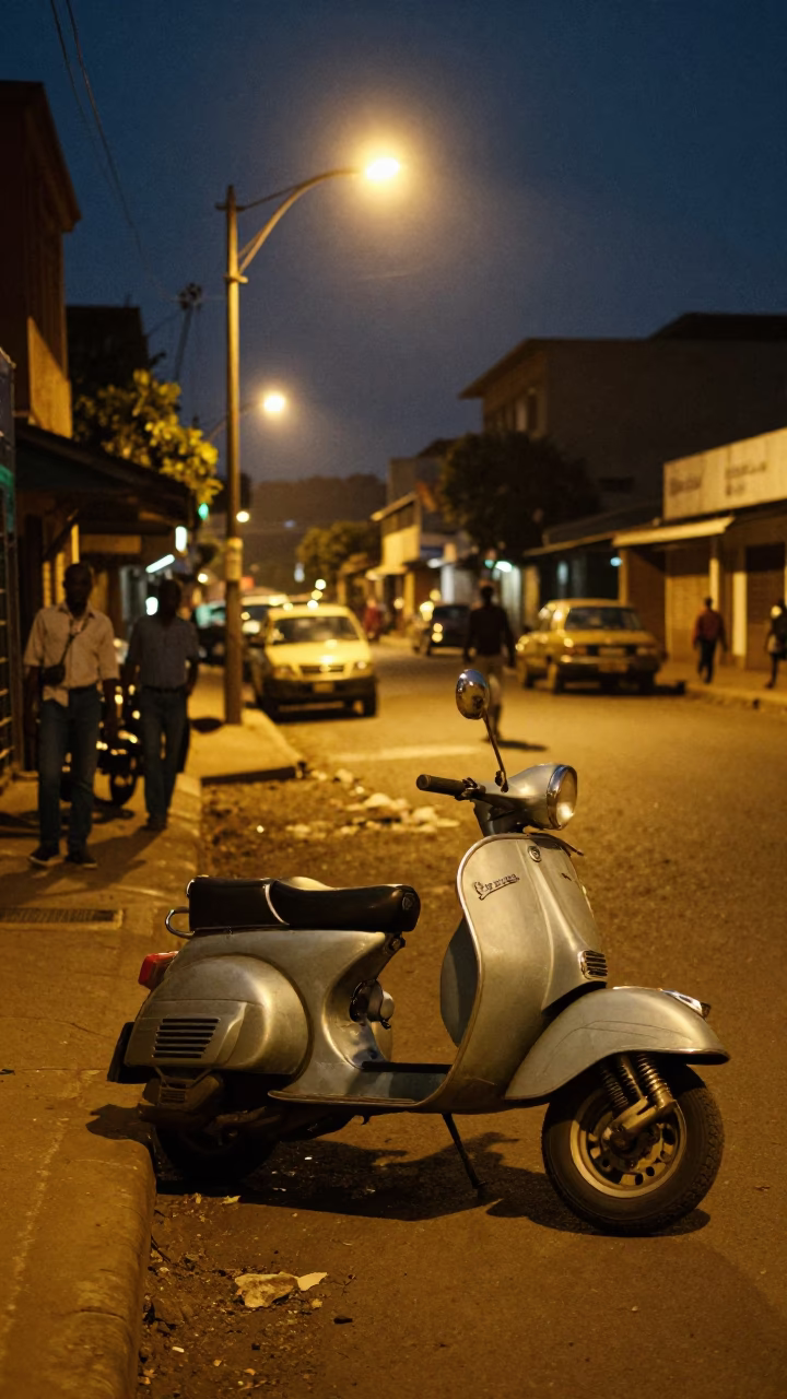 Midnight Nairobi Street Scene with Vintage Vespa and Local Night Market Activity in in Nairobi, Kenya