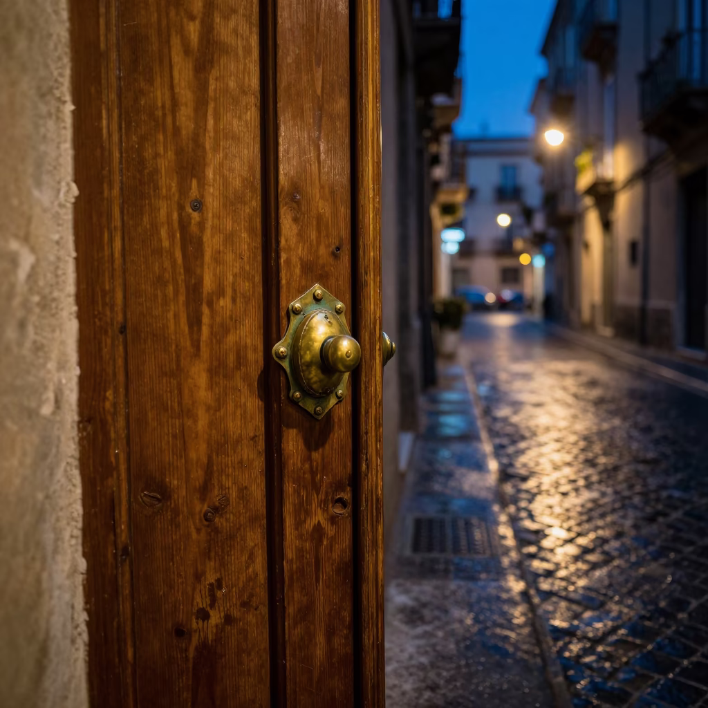 Midnight Naples Street Scene with Brass Door Hardware and Urban Details in in Naples, Italy