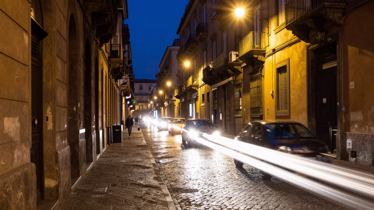 Midnight Naples Street Scene with Car Headlight Trails and Urban Drainage Details in in Naples, Italy