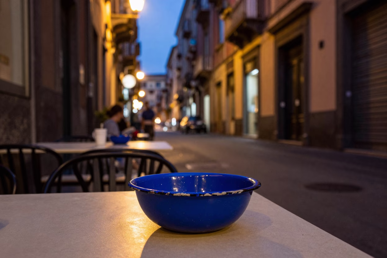 Midnight Naples Street Scene with Chipped Blue Enamel Bowl and Local Nightlife in in Naples, Italy