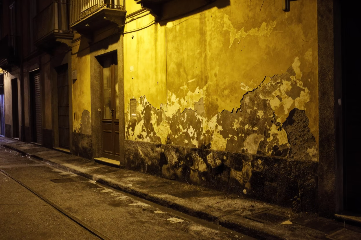Midnight Naples Street Scene with Condensation on Rail and Scratches on Latch in in Naples, Italy