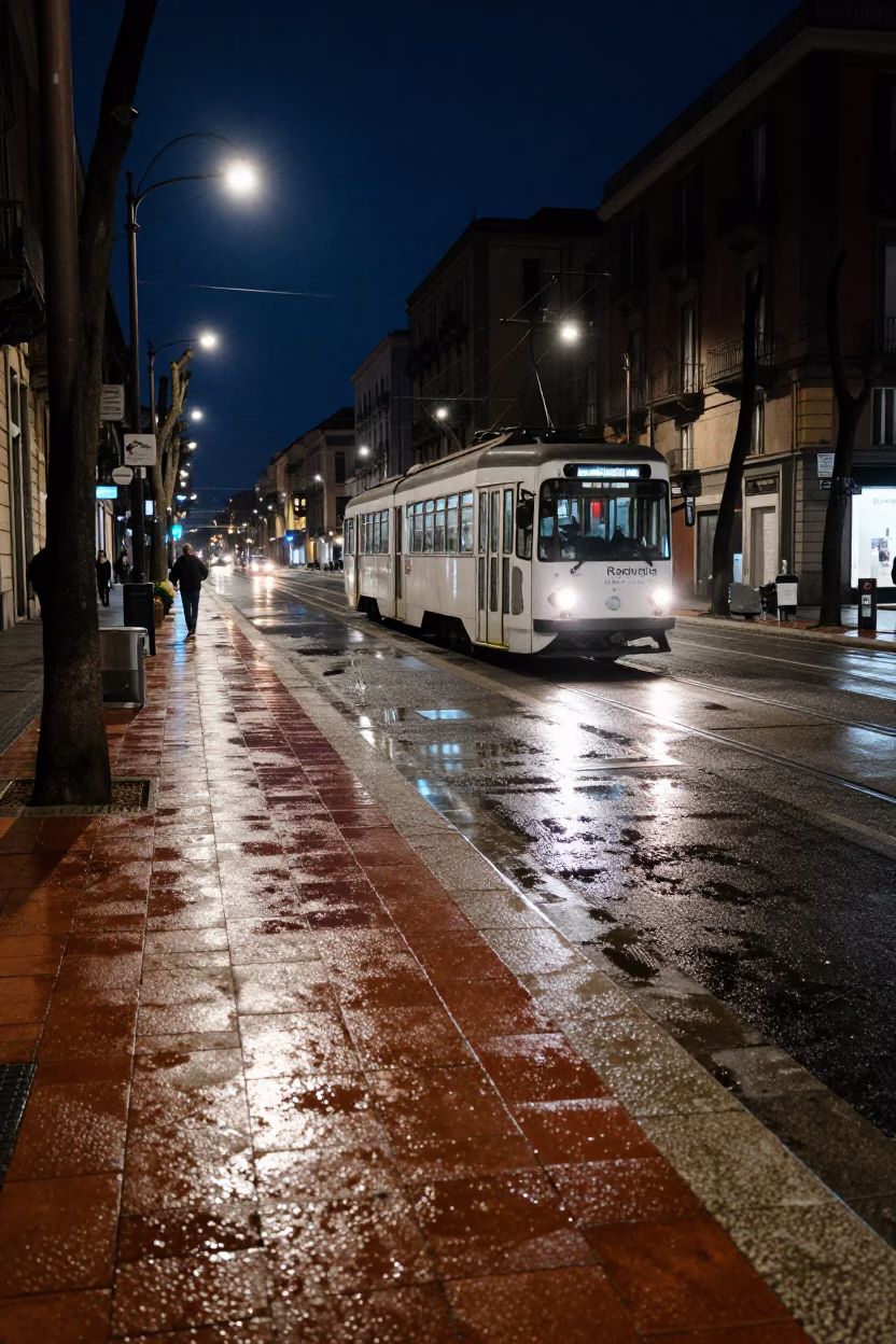 Midnight Naples Street Scene with Condensation on Tile and Tramcar in in Naples, Italy