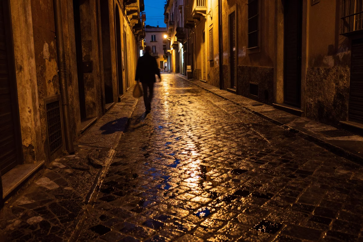 Midnight Naples Street Scene with Grease Sheen on Tile and Local Interaction in in Naples, Italy