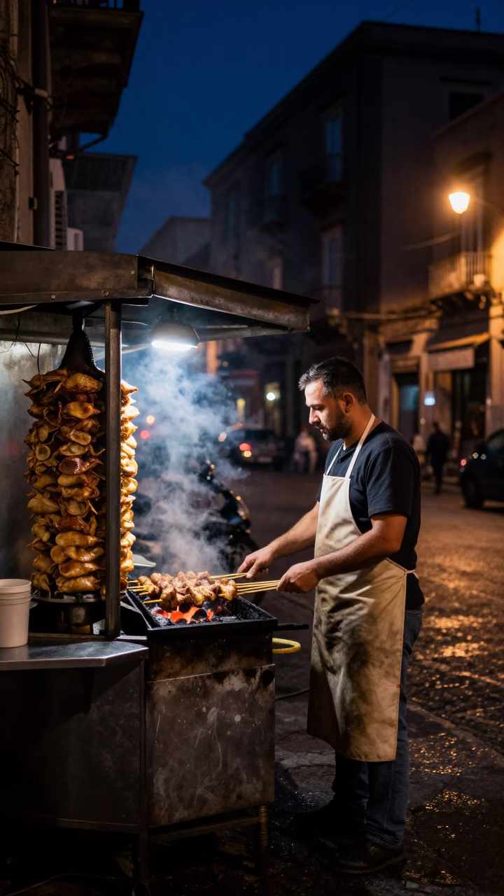 Midnight Naples street scene with kebab grill and classic bus on winding road in in Naples, Italy