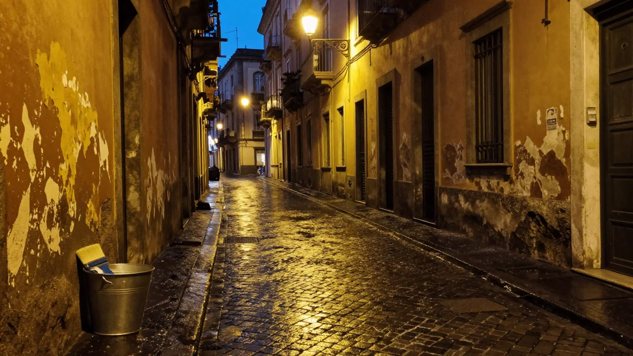 Midnight Naples Street Scene with Metal Bucket and Brushed Steel Hinge on Historic Building in in Naples, Italy
