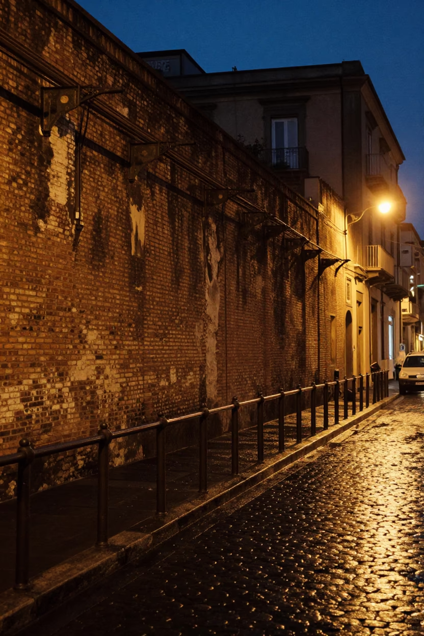 Midnight Naples Street Scene with Peg Rails and Vintage Trolley Reflections in in Naples, Italy
