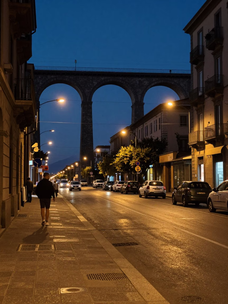 Midnight Naples Street Scene with Railway Viaduct and Passing Train in Italy in in Naples, Italy