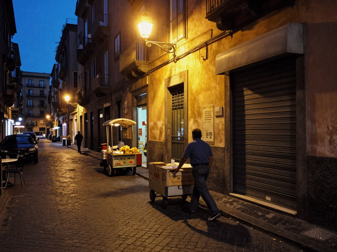 Midnight Naples Street Scene with Rolling Carts and Local Life in in Naples, Italy