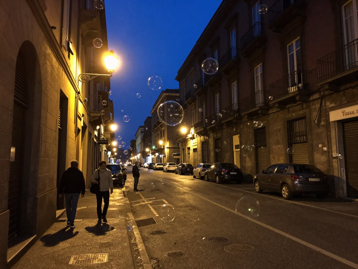 Midnight Naples Street Scene with Soap Bubbles and Urban Light Reflections in in Naples, Italy