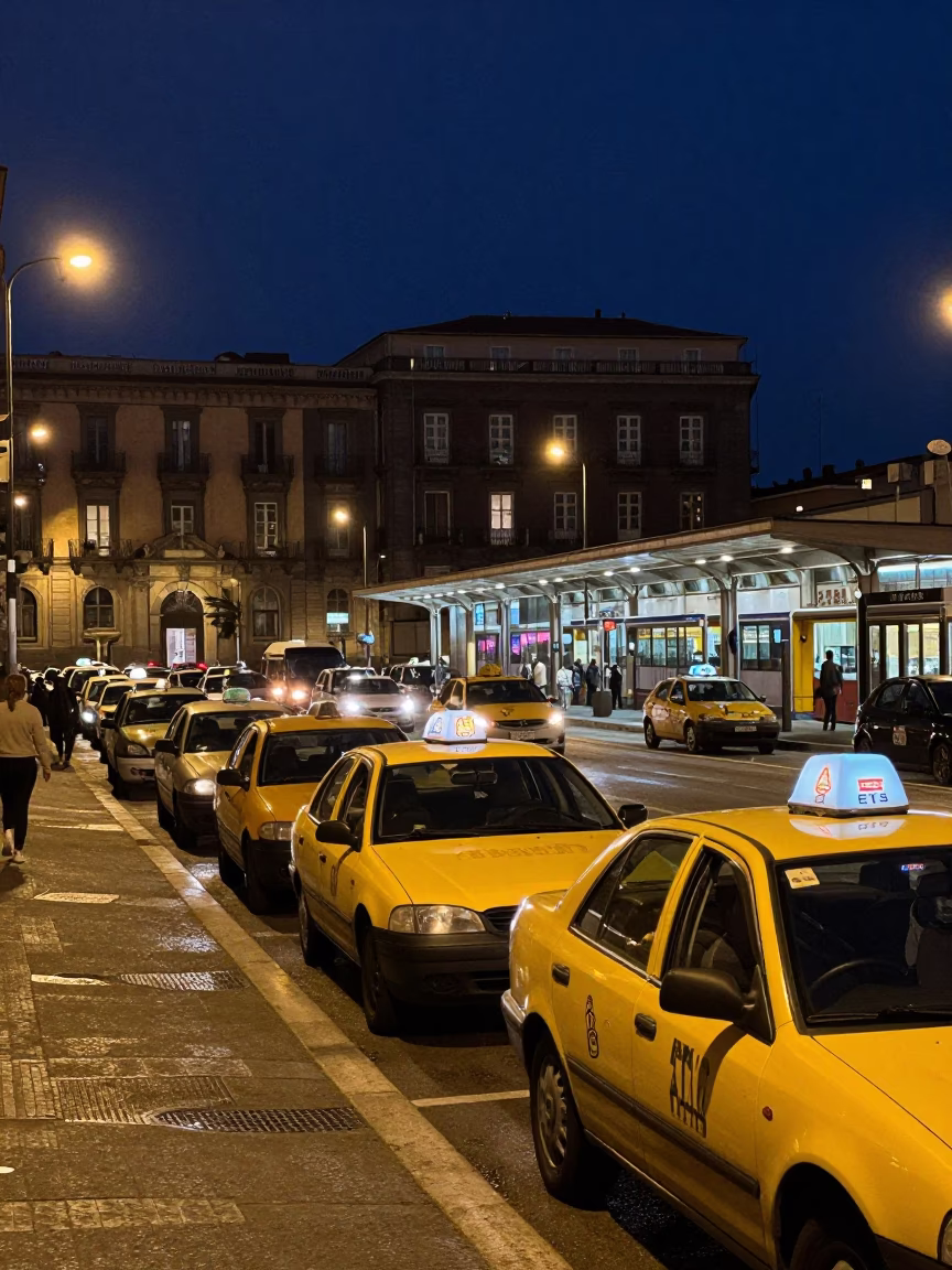 Midnight Naples Street Scene with Taxi Rank and Local Life in Italy in in Naples, Italy