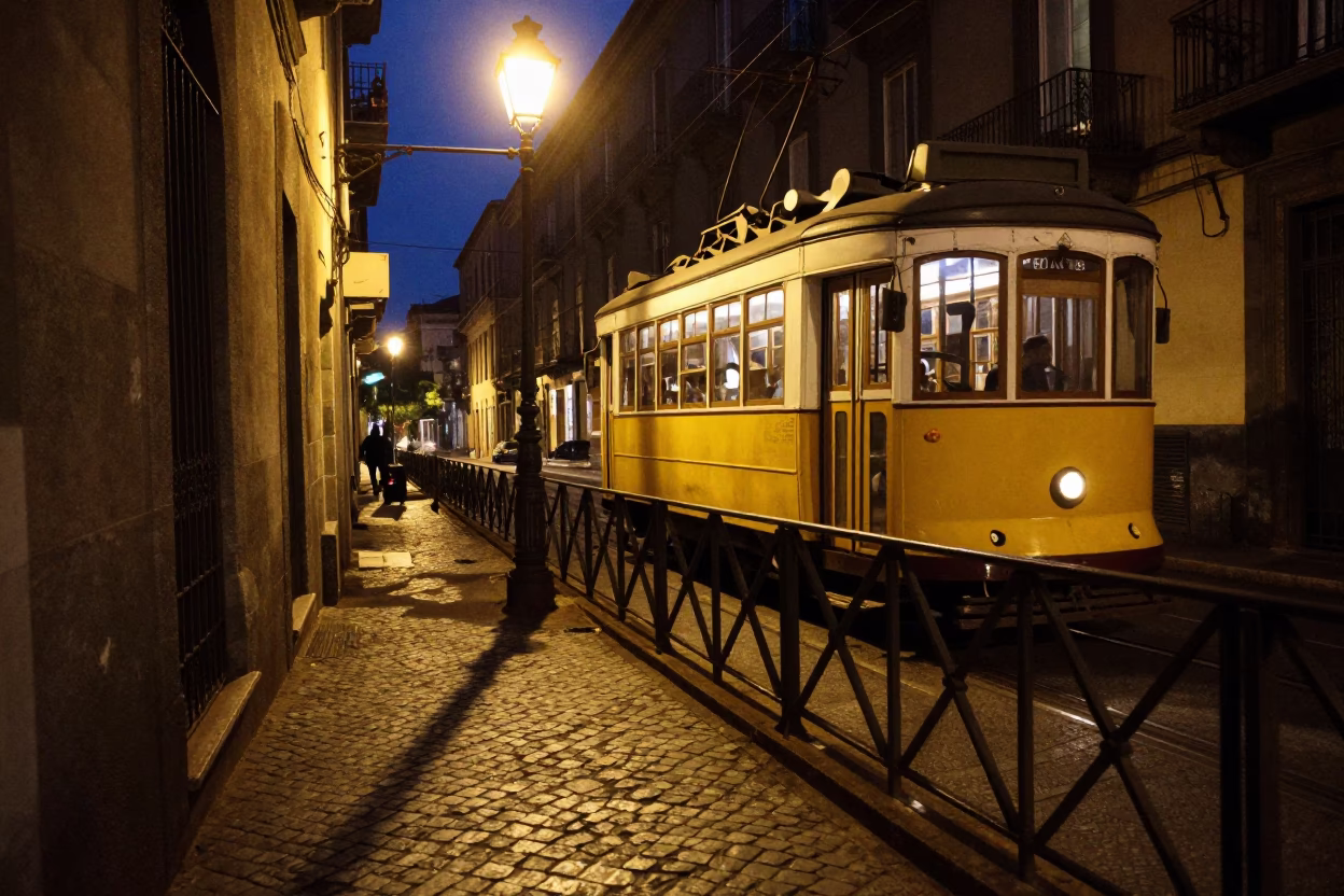 Midnight Naples Street Scene with Tram and Wicker Shadow on Tile in in Naples, Italy