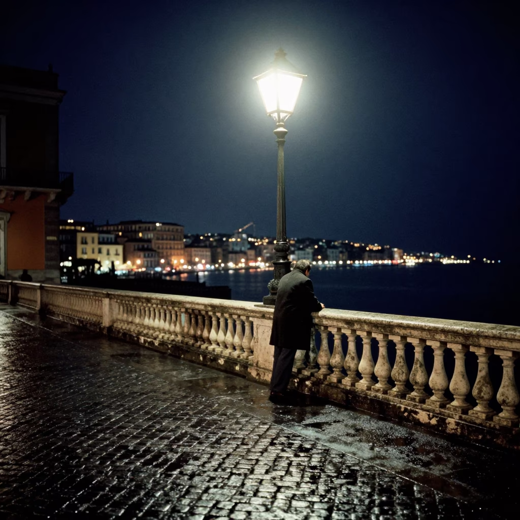 Midnight Naples Street Scene with Vintage 1950s Aesthetic and Local Details in in Naples, Italy