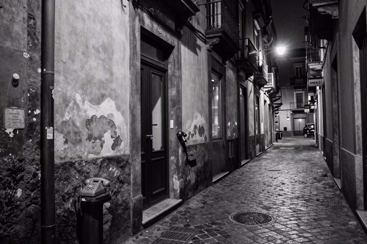 Midnight Naples Street Scene with Vintage Bakelite Telephone and Tunnel Retaining Wall in in Naples, Italy