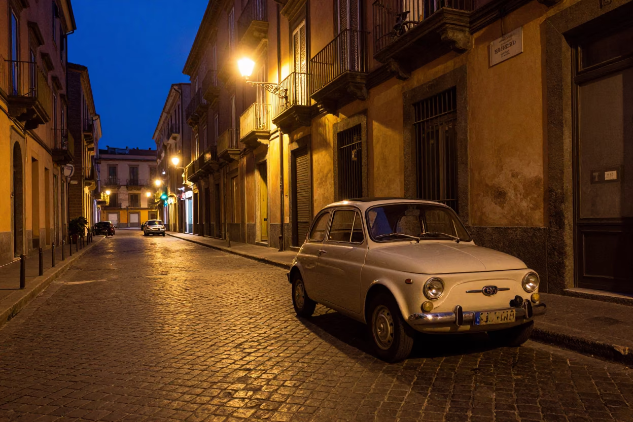 Midnight Naples Street Scene with Vintage Car and Urban Architecture in in Naples, Italy