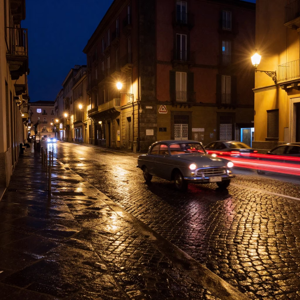 Midnight Naples Street Scene with Vintage Car Headlight Streaks and Urban Architecture in in Naples, Italy