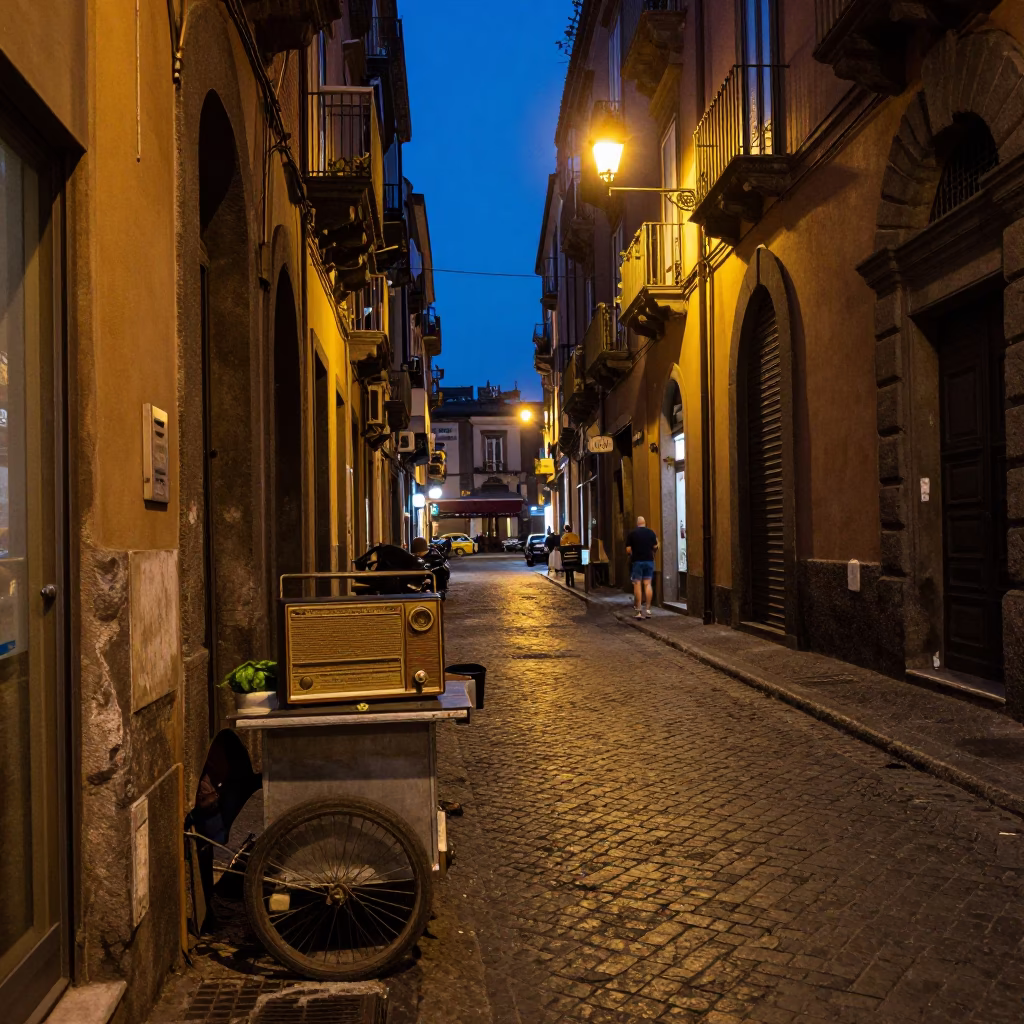 Midnight Naples Street Scene with Vintage Radio and Basil Leaves in in Naples, Italy
