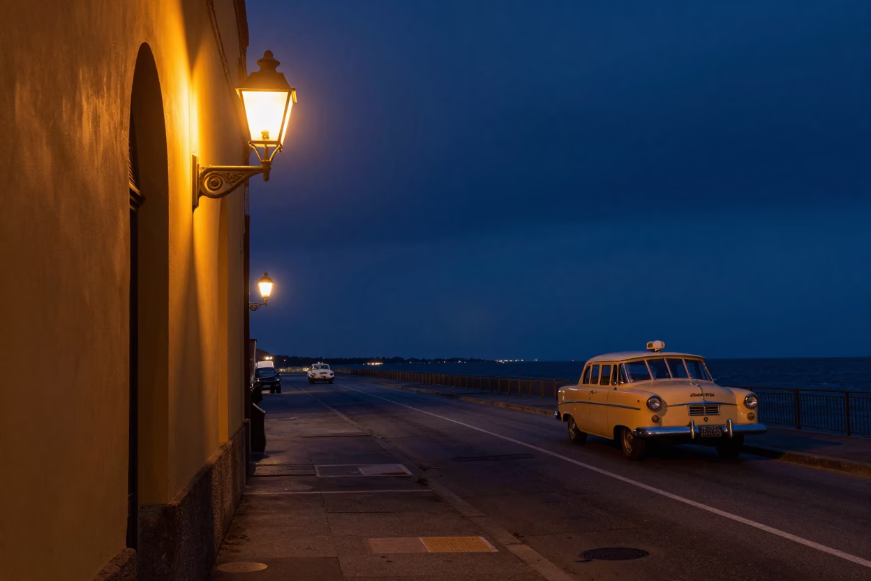 Midnight Naples Street Scene with Water Taxi and Hurricane Lamp Glow in in Naples, Italy