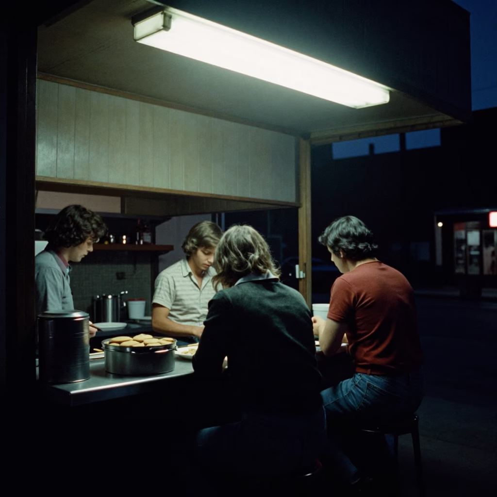 Midnight Nashville Street Scene with Cookie Tin and Kitchen Utensil on Neon Lit Counter in in Nashville, Tennessee, United States