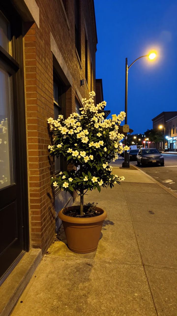 Midnight Nashville Street Scene with Flowering Plant and Pollen on Window Glass in in Nashville, Tennessee, United States