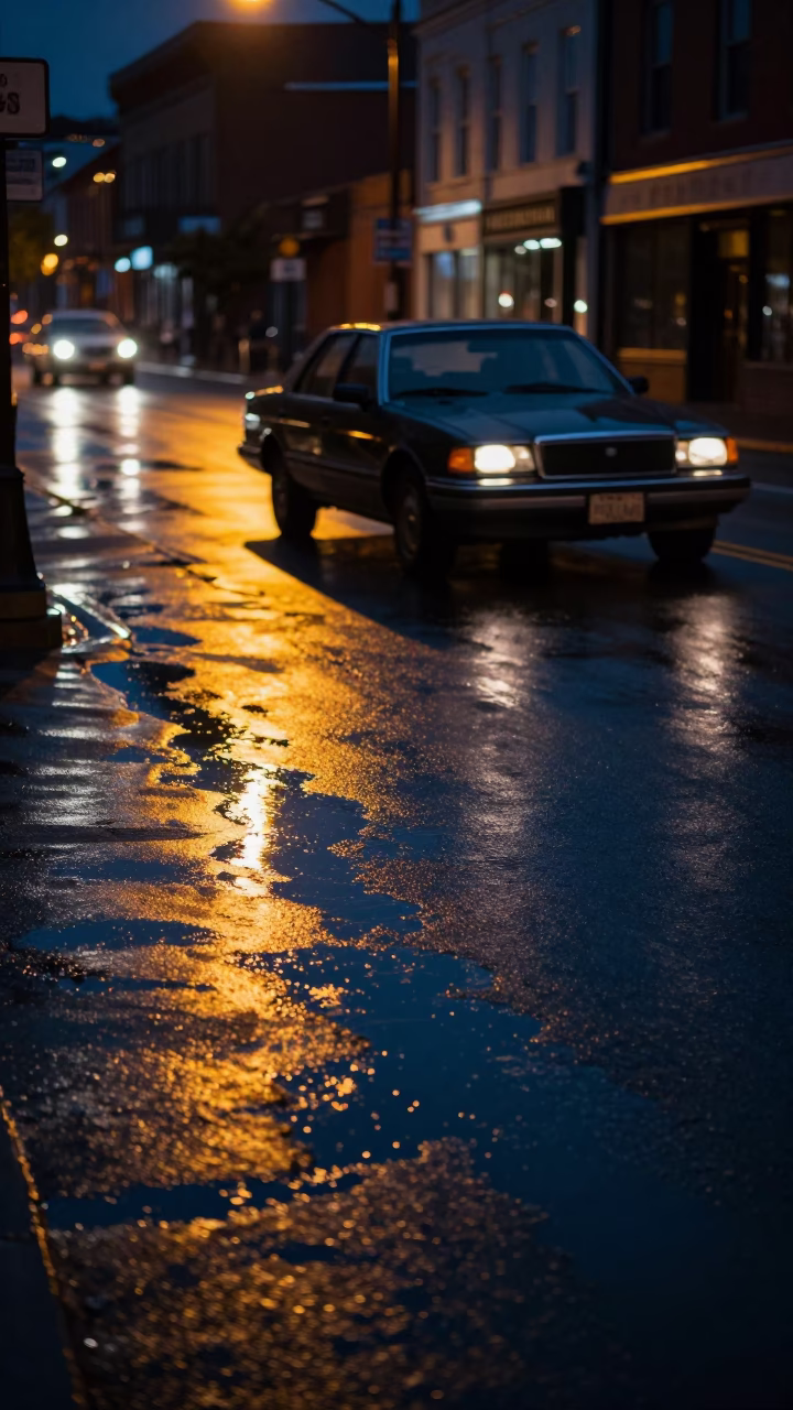 Midnight Nashville Street Scene with Oil Sheen Puddle and Vintage Car in in Nashville, Tennessee, United States