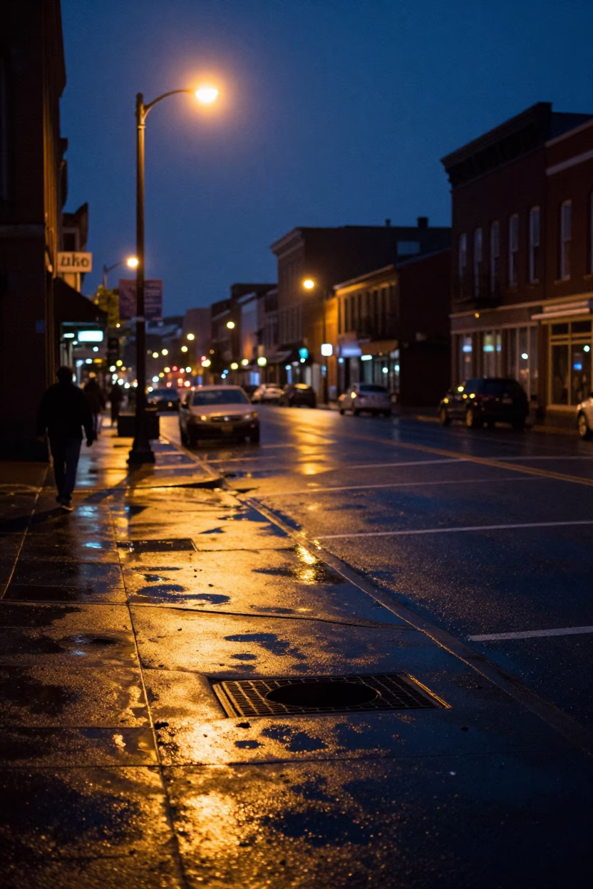 Midnight Nashville Street Scene with Storm Drain Outfall and Glass Jar Near Swollen River in in Nashville, Tennessee, United States