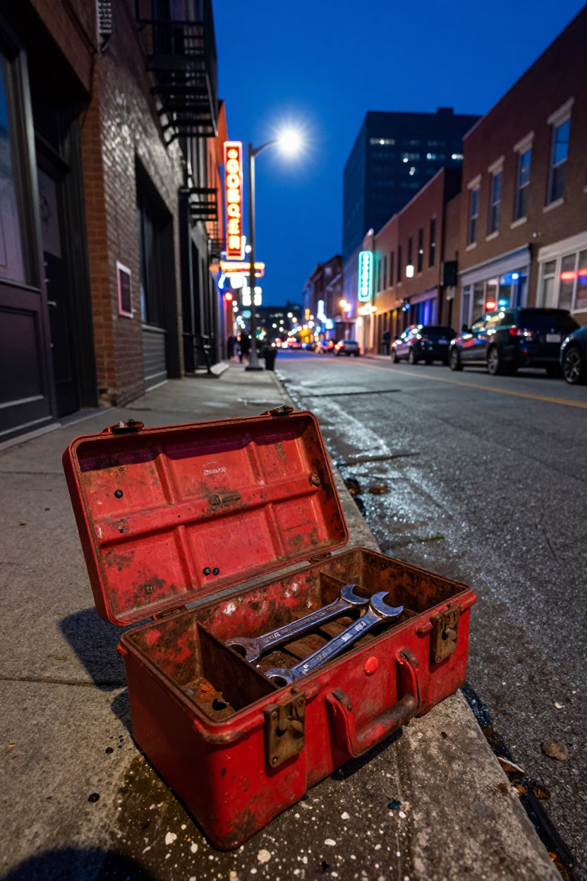 Midnight Nashville Street Scene with Toolbox and Urban Details in in Nashville, Tennessee, United States