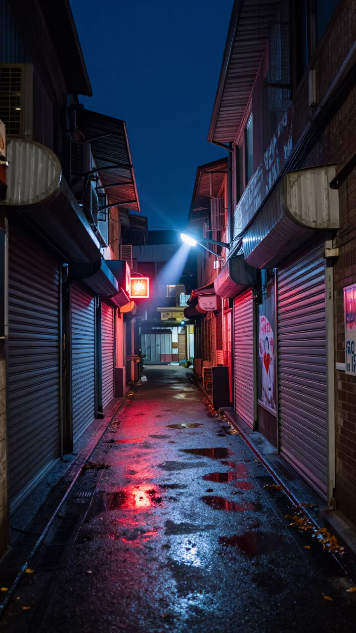 Midnight Neon Alley Beitou Taipei Arcade in along a shuttered arcade in Beitou, Taipei