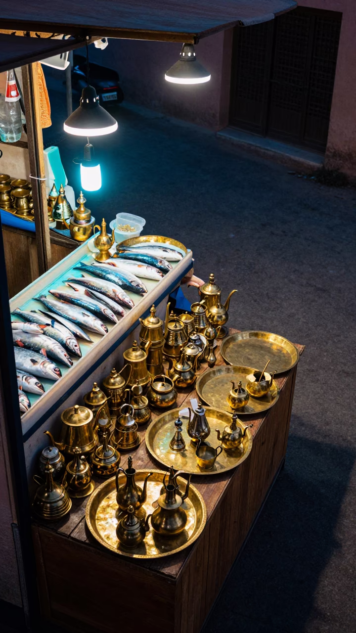 Midnight Neon Brass Trays and Teapots in Marrakech in beside a fish counter in Kasbah, Marrakech