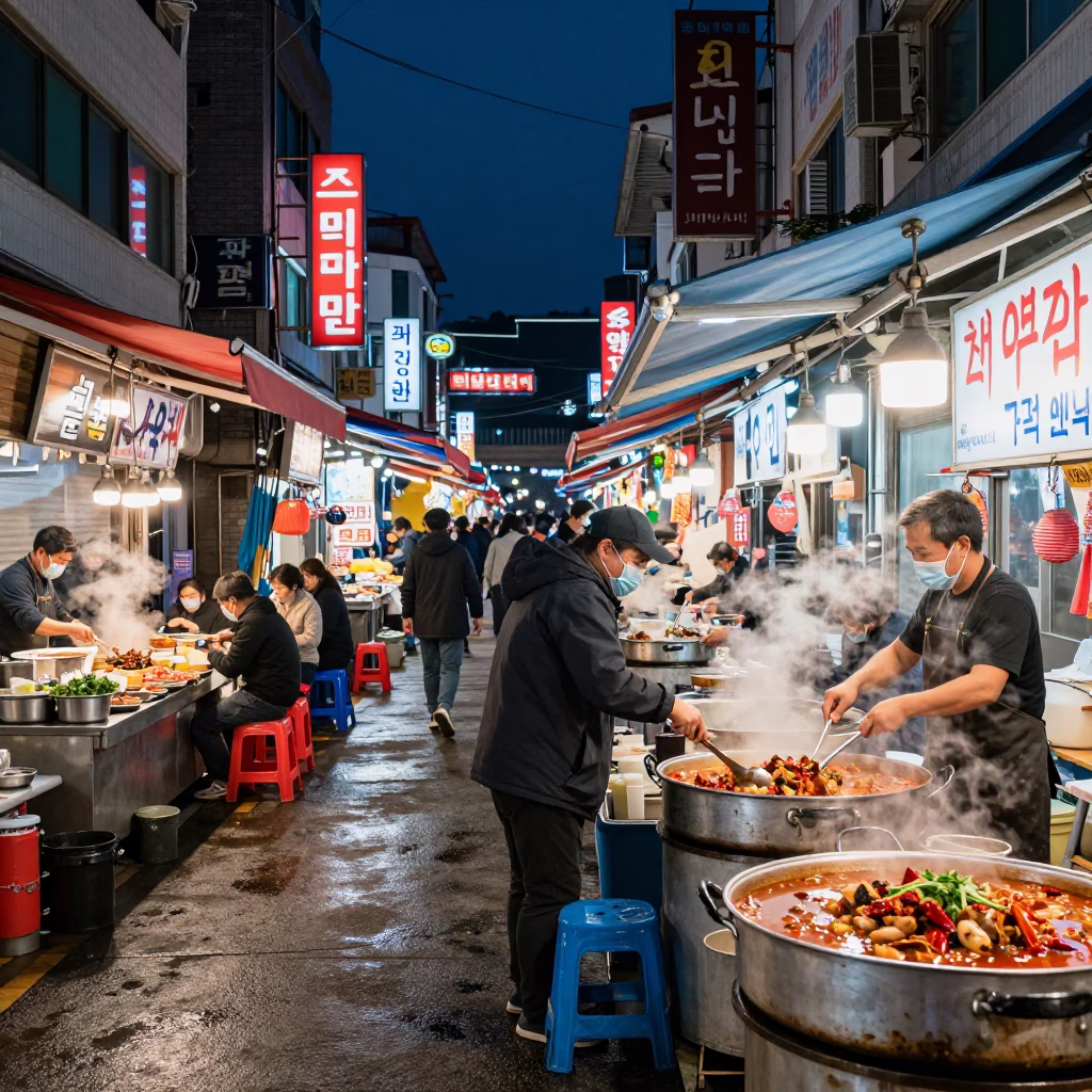 Midnight Neon Bustle at Busan Jagalchi Fish Market Street Food Stall in in Busan, South Korea