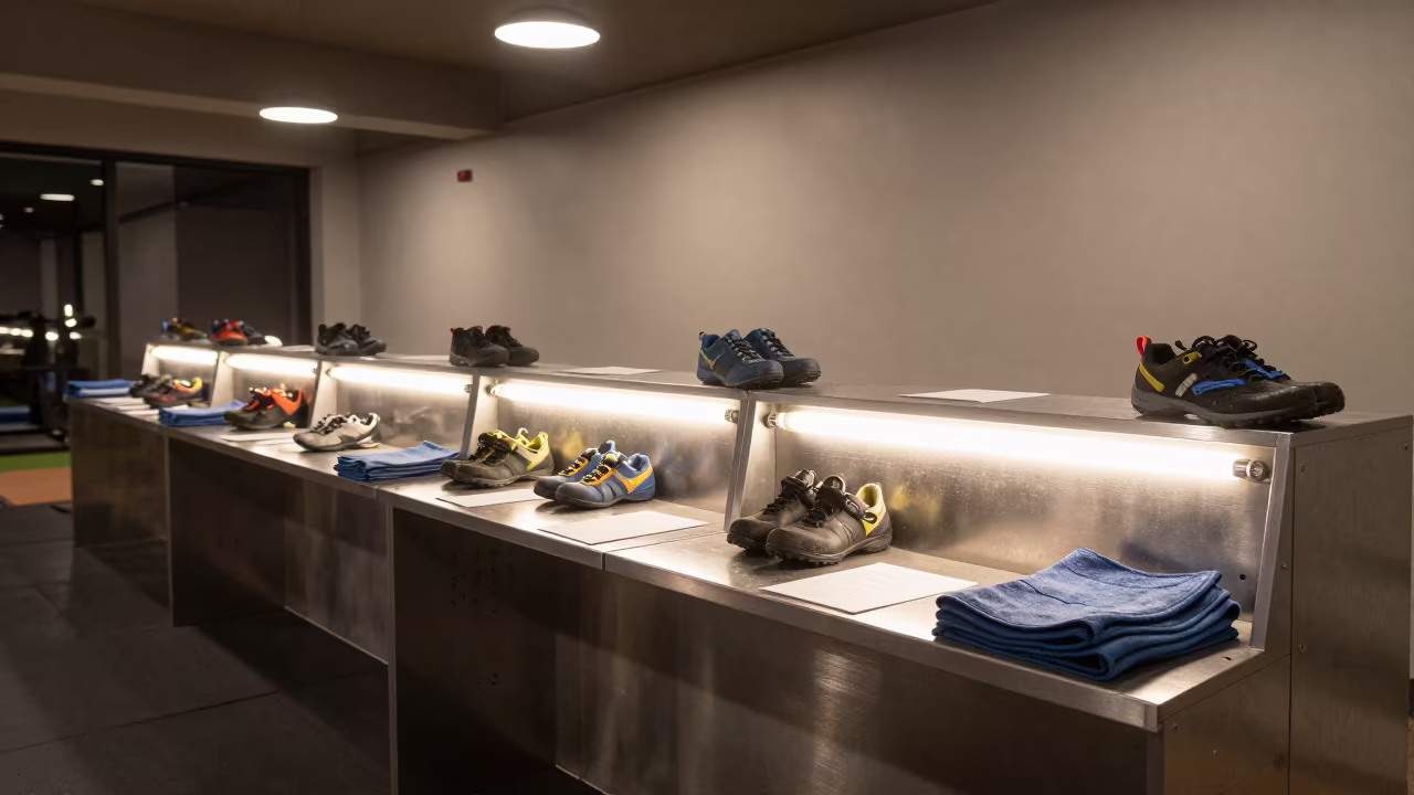 Midnight Neon Gym Shoe Spray Shelf Chad in at a gym check-in desk near Ndjamena