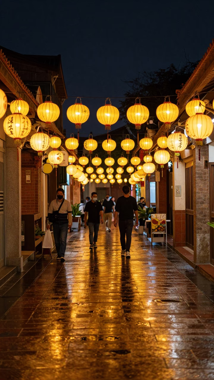 Midnight Neon Reflections in Tainan Old Town Lantern Alley Street Photography in in Tainan, Taiwan