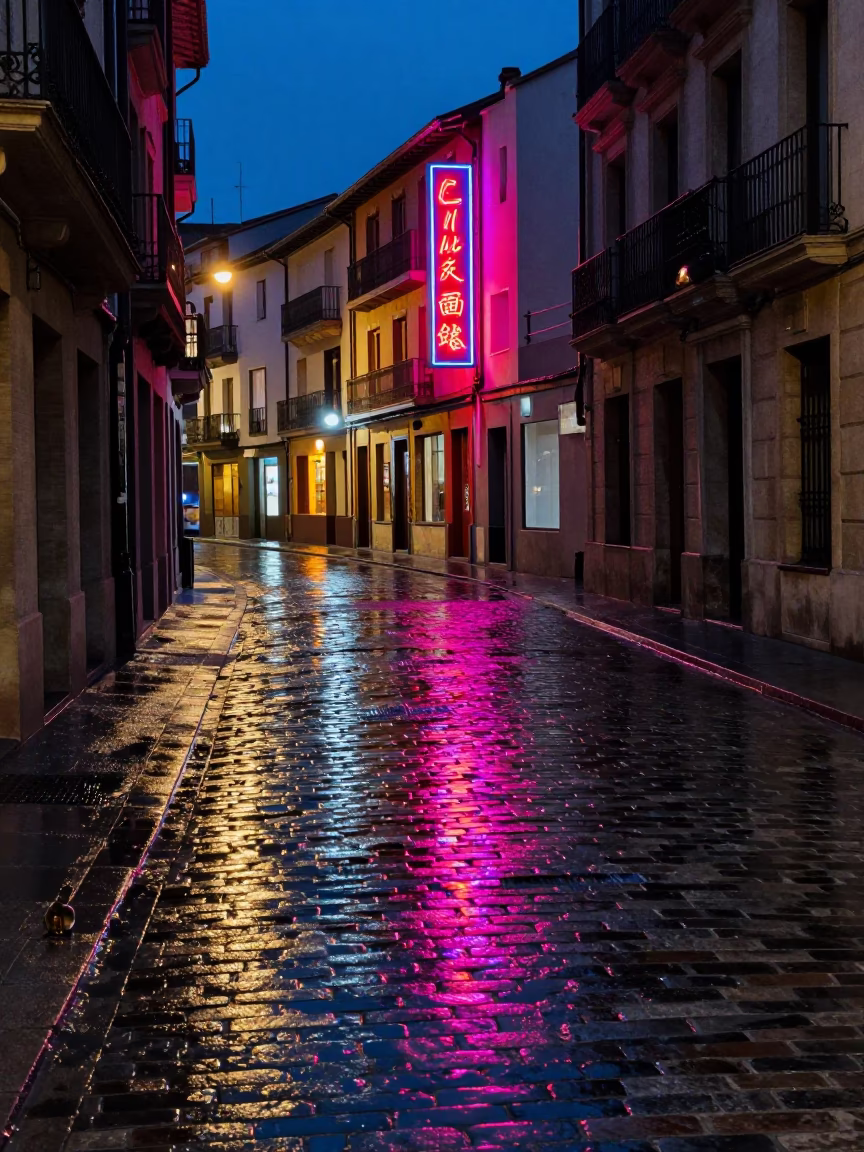 Midnight Neon Reflections on Bilbao Cobblestones with Jam Jar and Magnolia Bloom in in Bilbao, Spain