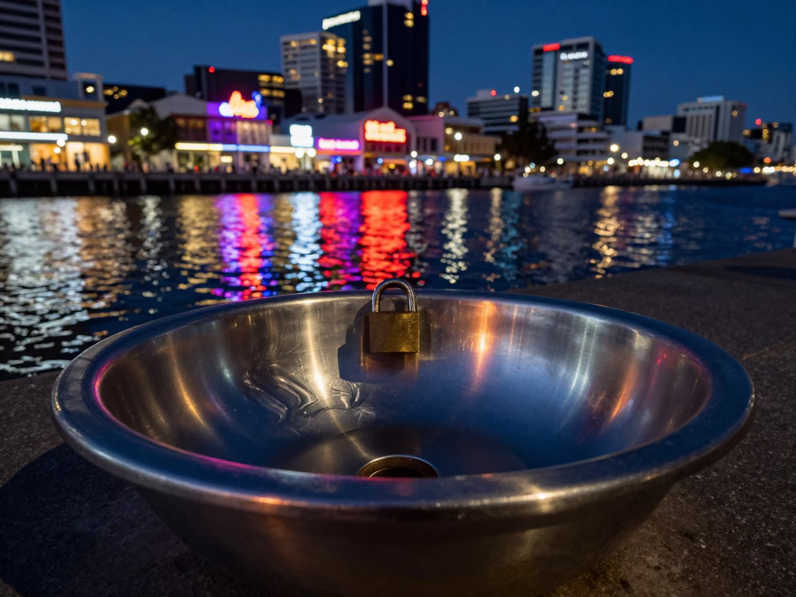 Midnight Neon Reflections on Brushed Steel Basin at Perth Waterfront with Padlock in in Perth, Western Australia, Australia