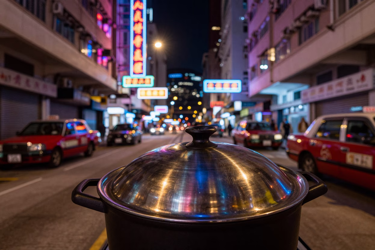 Midnight Neon Reflections on Brushed Steel in Hong Kong Street Scene in in Hong Kong, Hong Kong