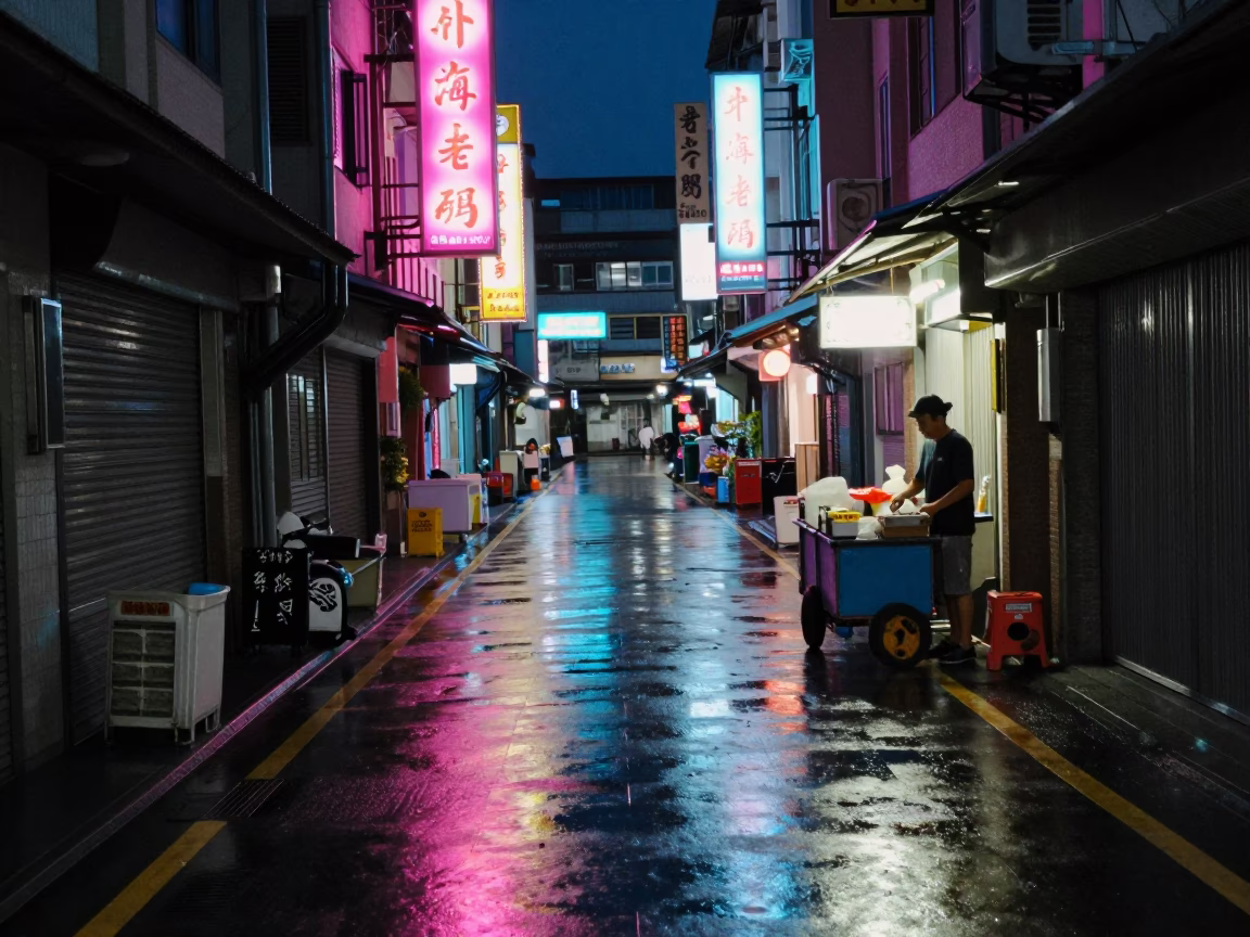 Midnight Neon Reflections on Brushed Steel in Kaohsiung Taiwan Street Scene in in Kaohsiung, Taiwan
