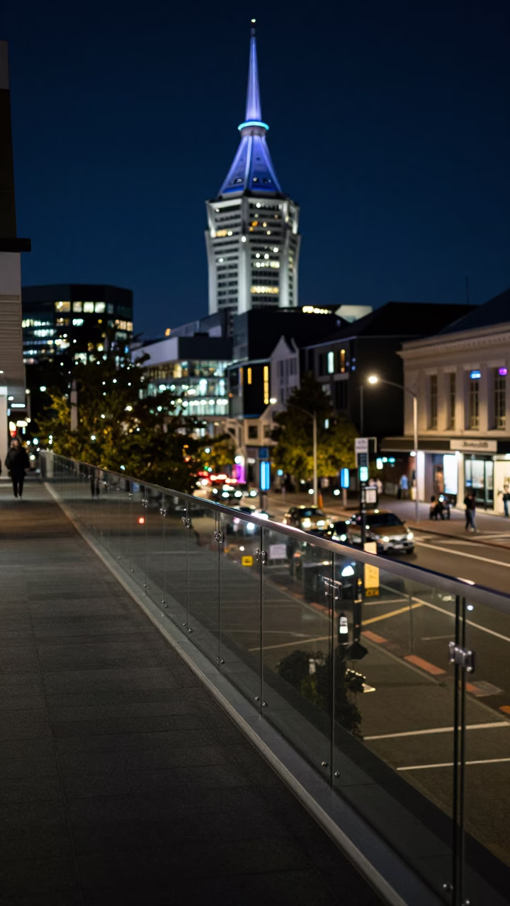Midnight Neon Reflections on Glass Railings in Christchurch New Zealand City Centre in in Christchurch, New Zealand