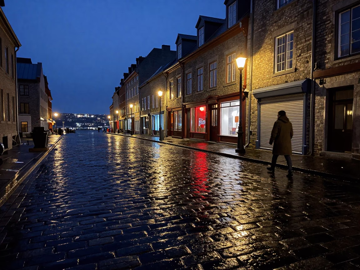 Midnight Neon Reflections on Quebec City Cobblestones Near Old Port in in Quebec City, Quebec, Canada