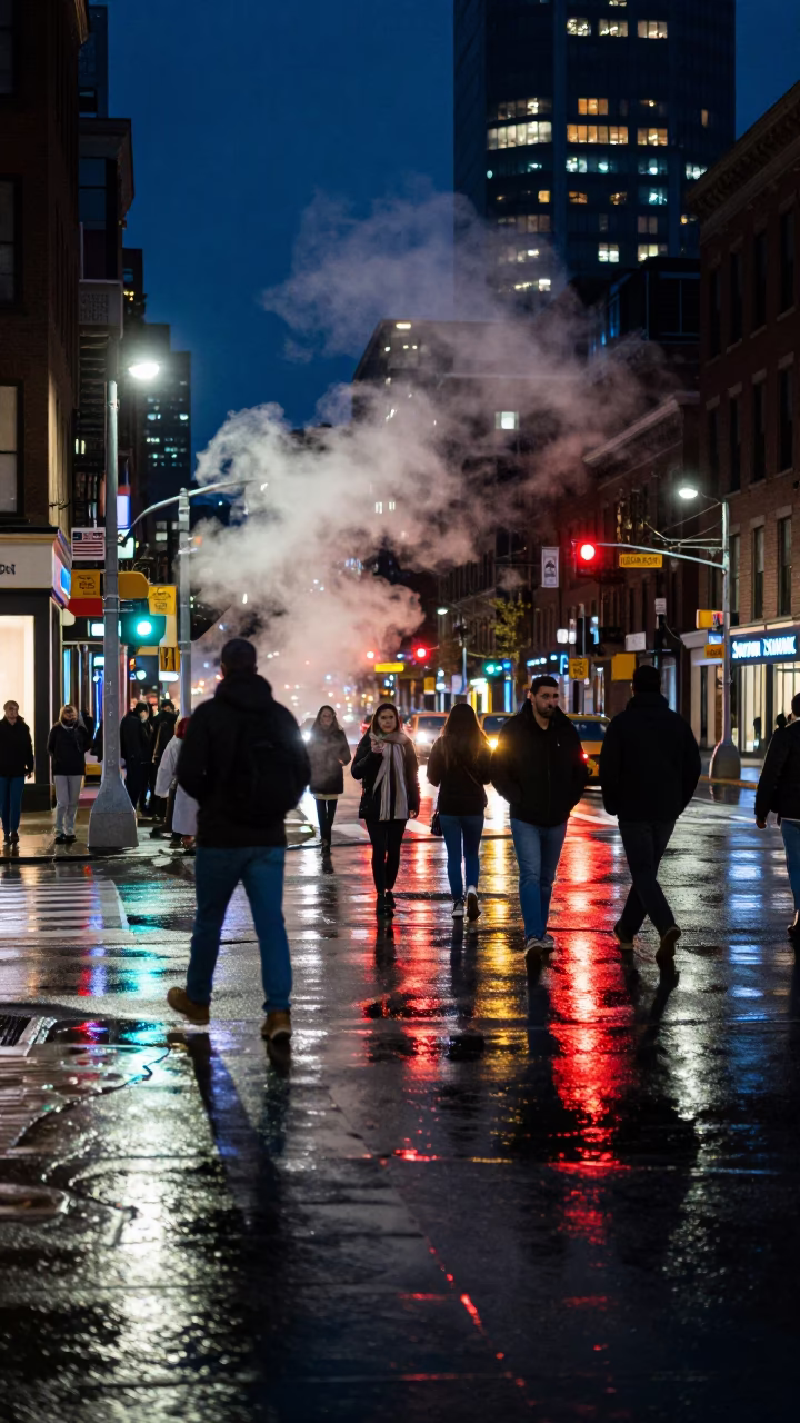 Midnight Neon Reflections on Wet Boston Street with Steam Haze and Urban Activity in in Boston, Massachusetts, United States
