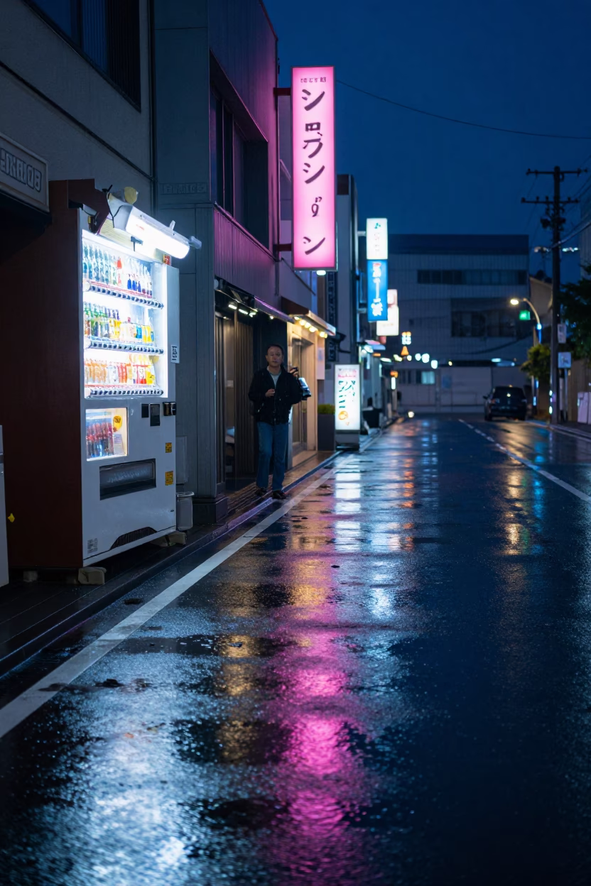 Midnight Neon Reflections on Wet Fukuoka Street with Latch and Wicker Shadow in in Fukuoka, Japan