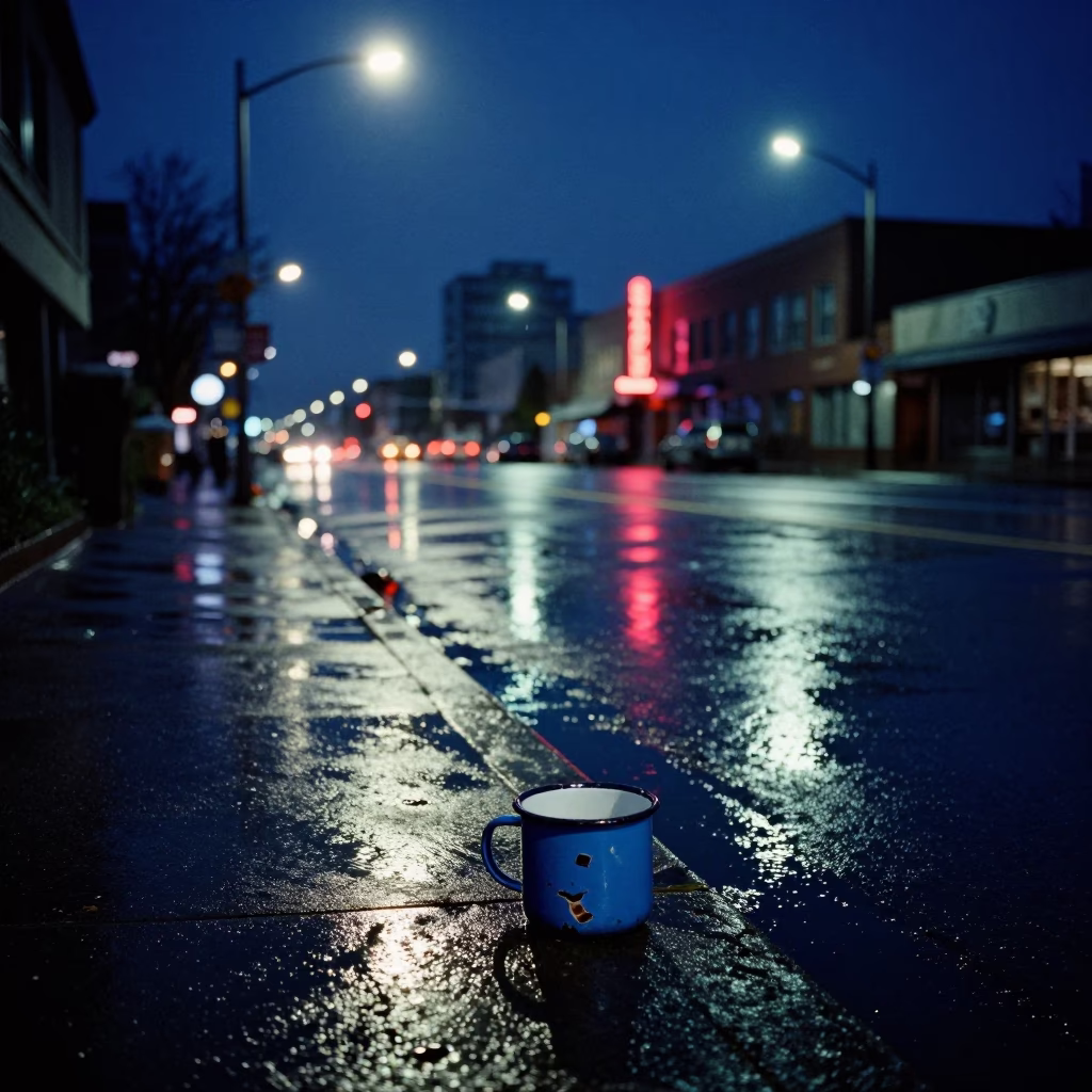 Midnight Neon Reflections on Wet Vancouver Street with Chipped Blue Enamel and Urban Decay in in Vancouver, British Columbia, Canada