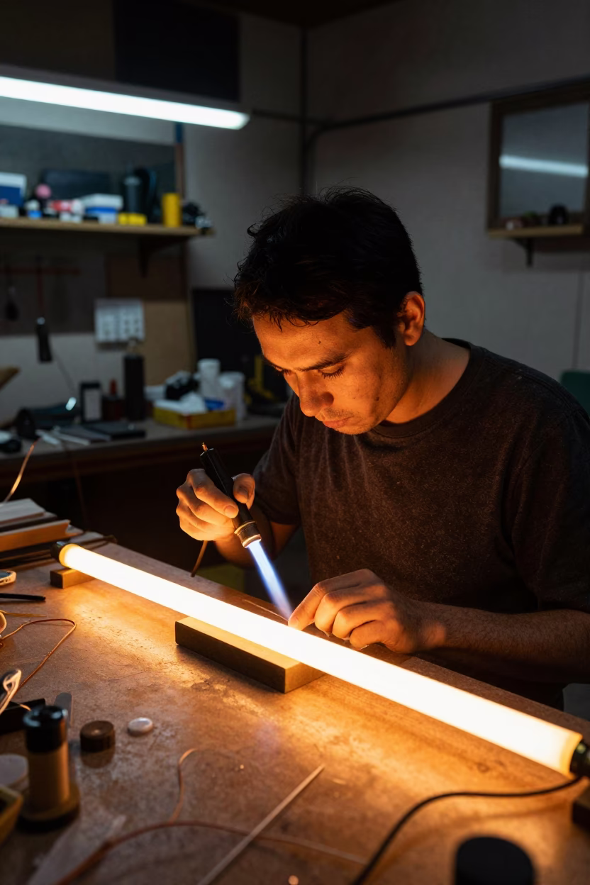 Midnight Neon Sign Maker Bending Glass Tubes in Hong Kong Workshop in in Hong Kong, Hong Kong