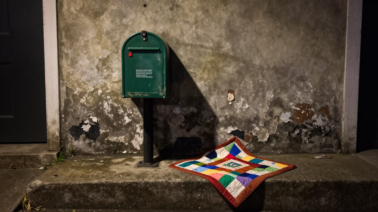 Midnight New Orleans Alleyway Mailbox and Quilt on Concrete Step in in New Orleans, Louisiana, United States