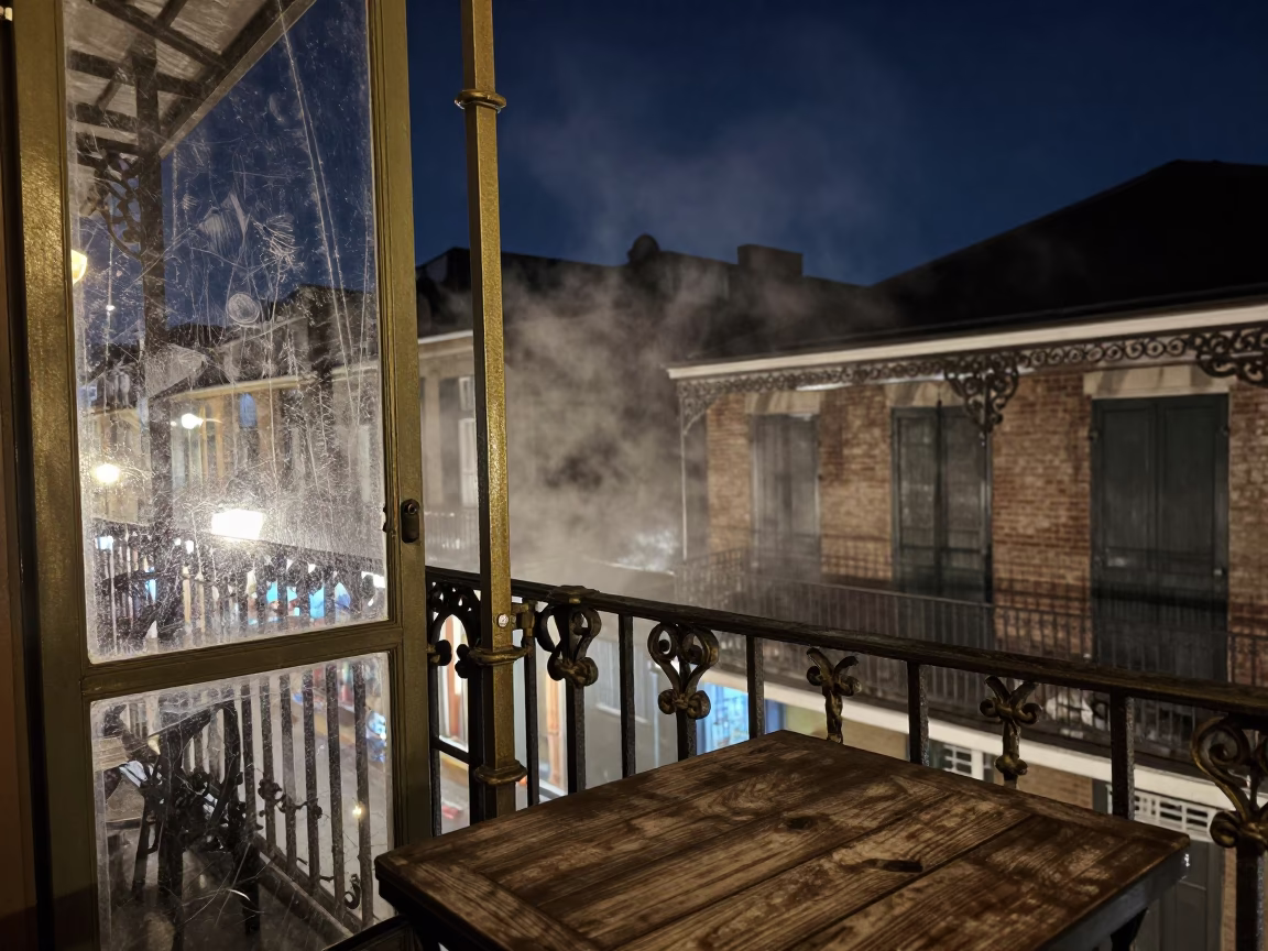 Midnight New Orleans Balcony with Scratched Glass and Steam Haze in in New Orleans, Louisiana, United States