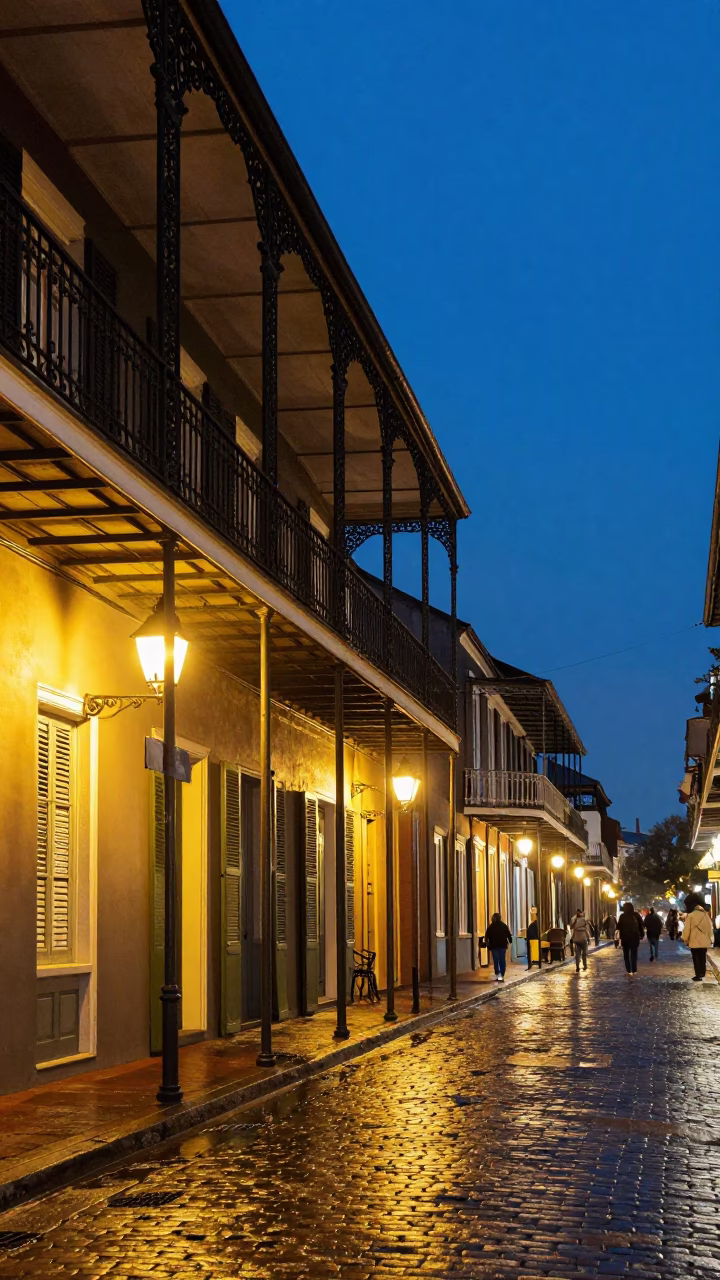 Midnight New Orleans French Quarter Street Scene with Iron Balconies and Vine in in New Orleans, Louisiana, United States