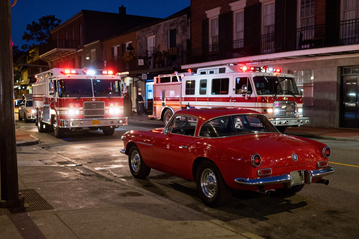 Midnight New Orleans Street Scene with Fire Engine and Vintage Car in in New Orleans, Louisiana, United States