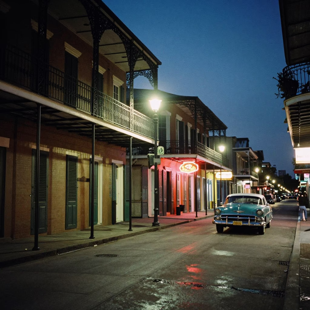 Midnight New Orleans Street Scene with Iron Balconies and Neon Reflections in in New Orleans, Louisiana, United States