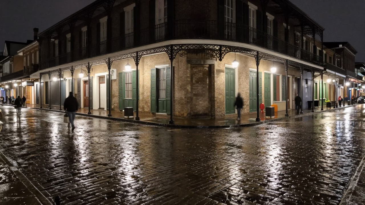 Midnight New Orleans Street Scene with Ironwork and Wet Pavement Reflections in in New Orleans, Louisiana, United States