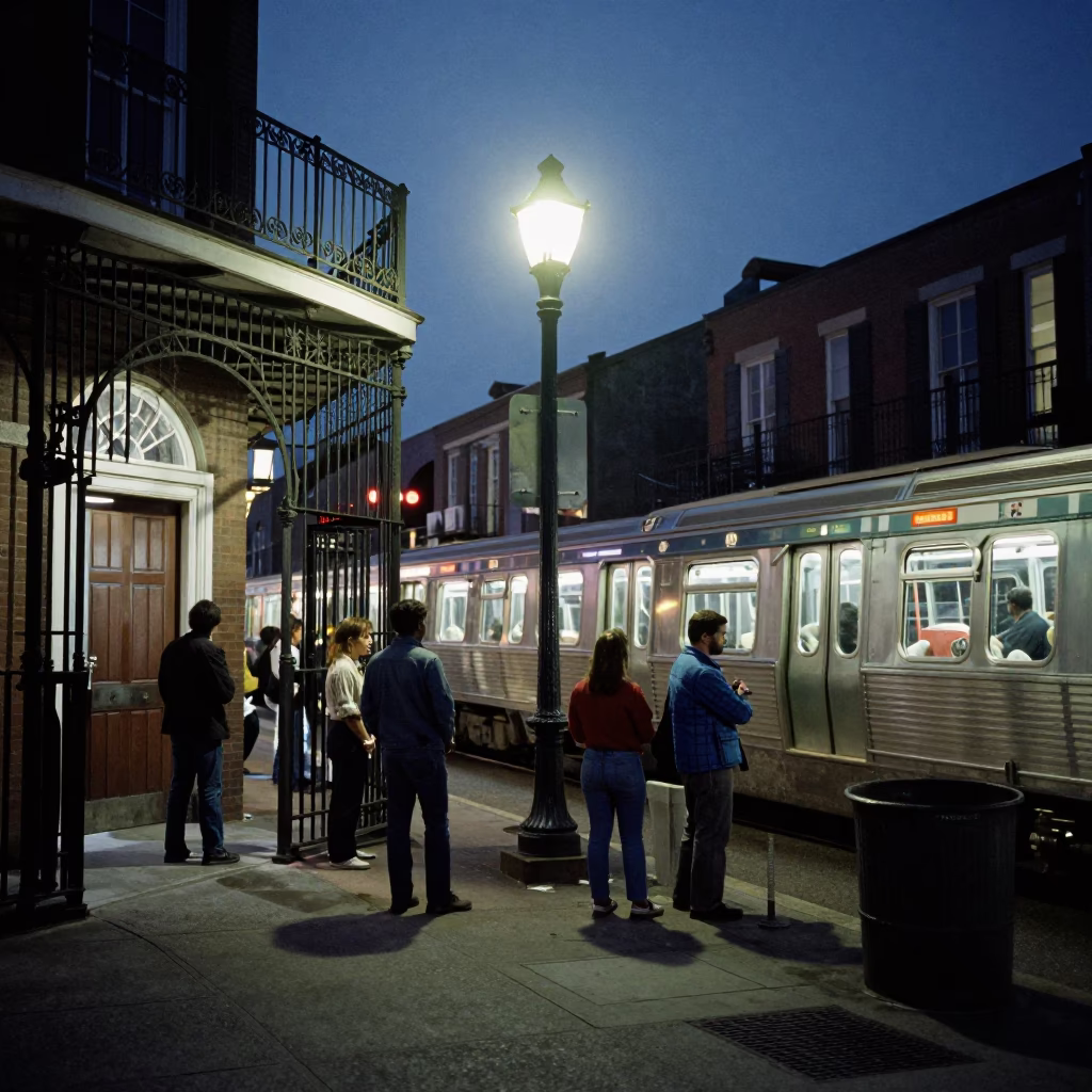 Midnight New Orleans Street Scene with Metro Train and Local Life in in New Orleans, Louisiana, United States