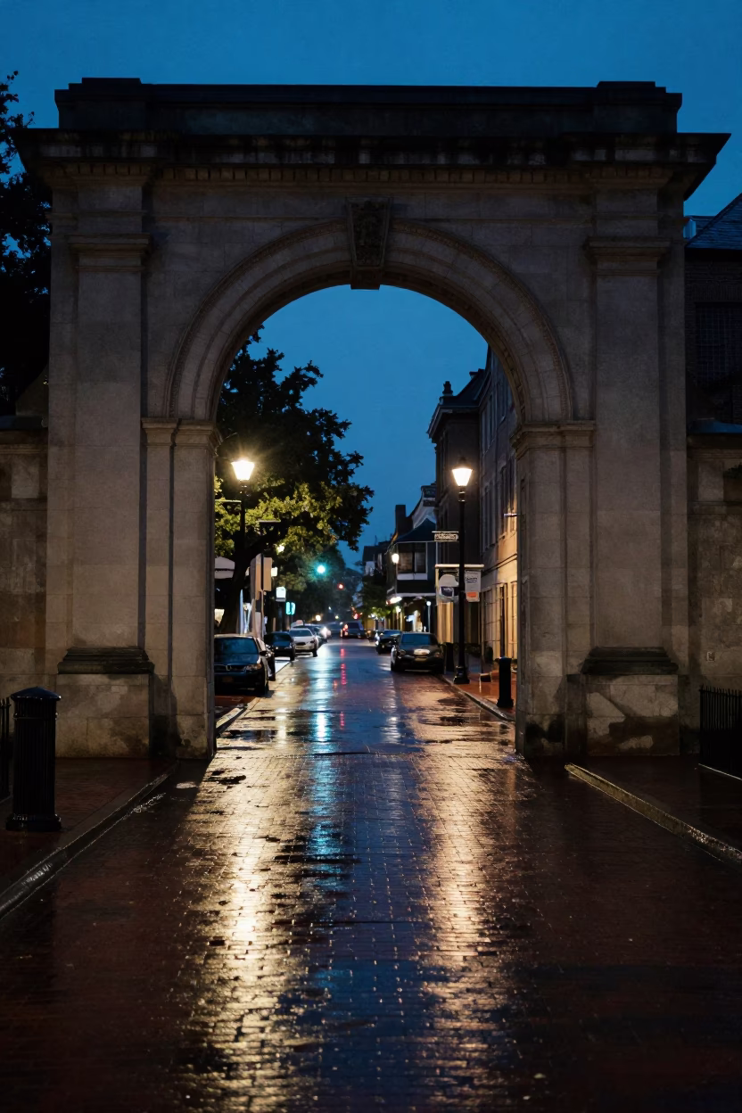 Midnight New Orleans Street Scene with University Archway and Wet Bicycle Rack in in New Orleans, Louisiana, United States