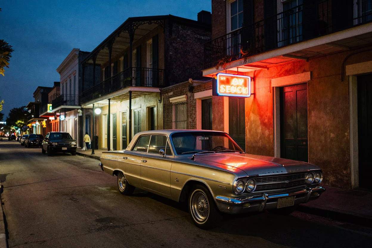 Midnight New Orleans Street Scene with Vintage Car and Neon Sign Reflections in in New Orleans, Louisiana, United States